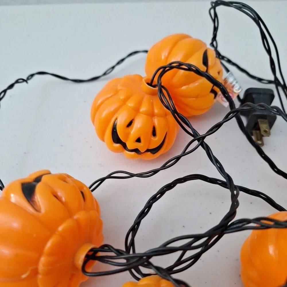 Vintage Pumpkin Blow Mold String Lights Jack-o-Lantern 10 Light Work